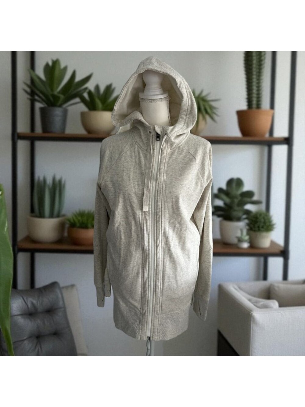 ATHLETA Oatmeal Heathered Long Hoodie Zip Sweatshirt Size Small
